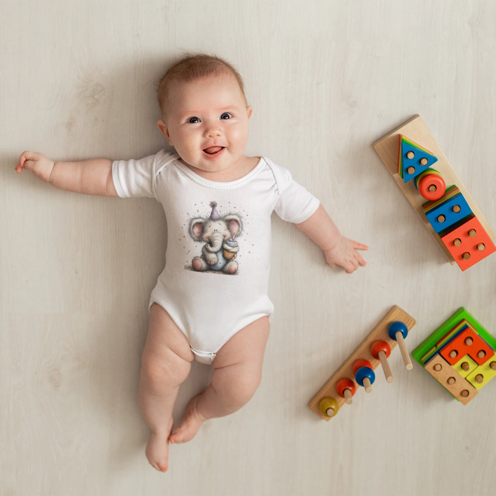 Doğum Günü Temalı Fil Baskılı Kişiselleştirilebilir Bebek Tulumu