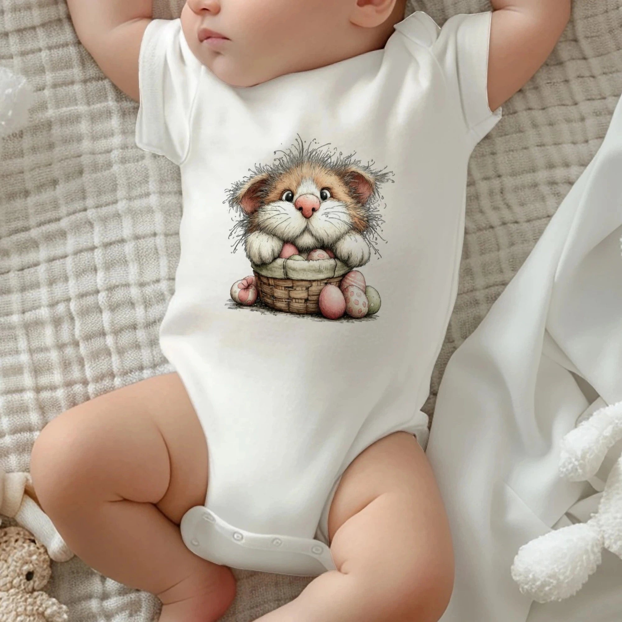 Paskalya Kedileri Tasarımlı Bebek Zıbını, Baskılı Çıtçıtlı Tulum