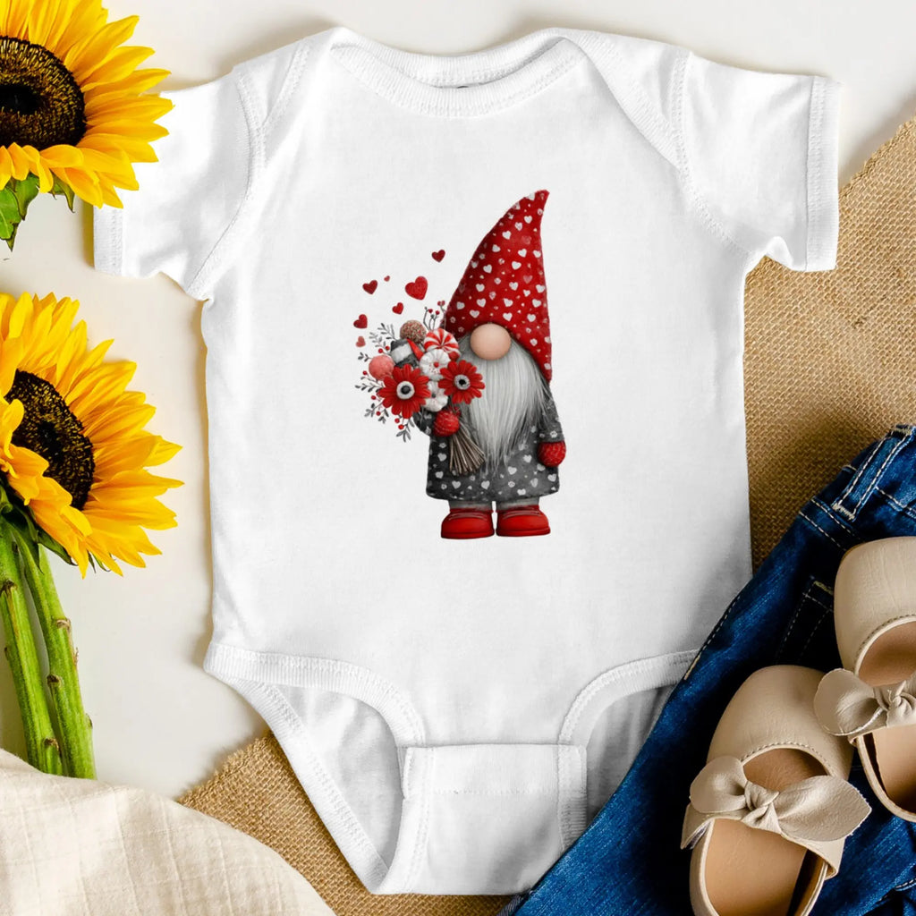 Sevgililer Günü Tasarımlı Mini Gnome Bebek Zıbını, Baskılı Çıtçıtlı Tulum