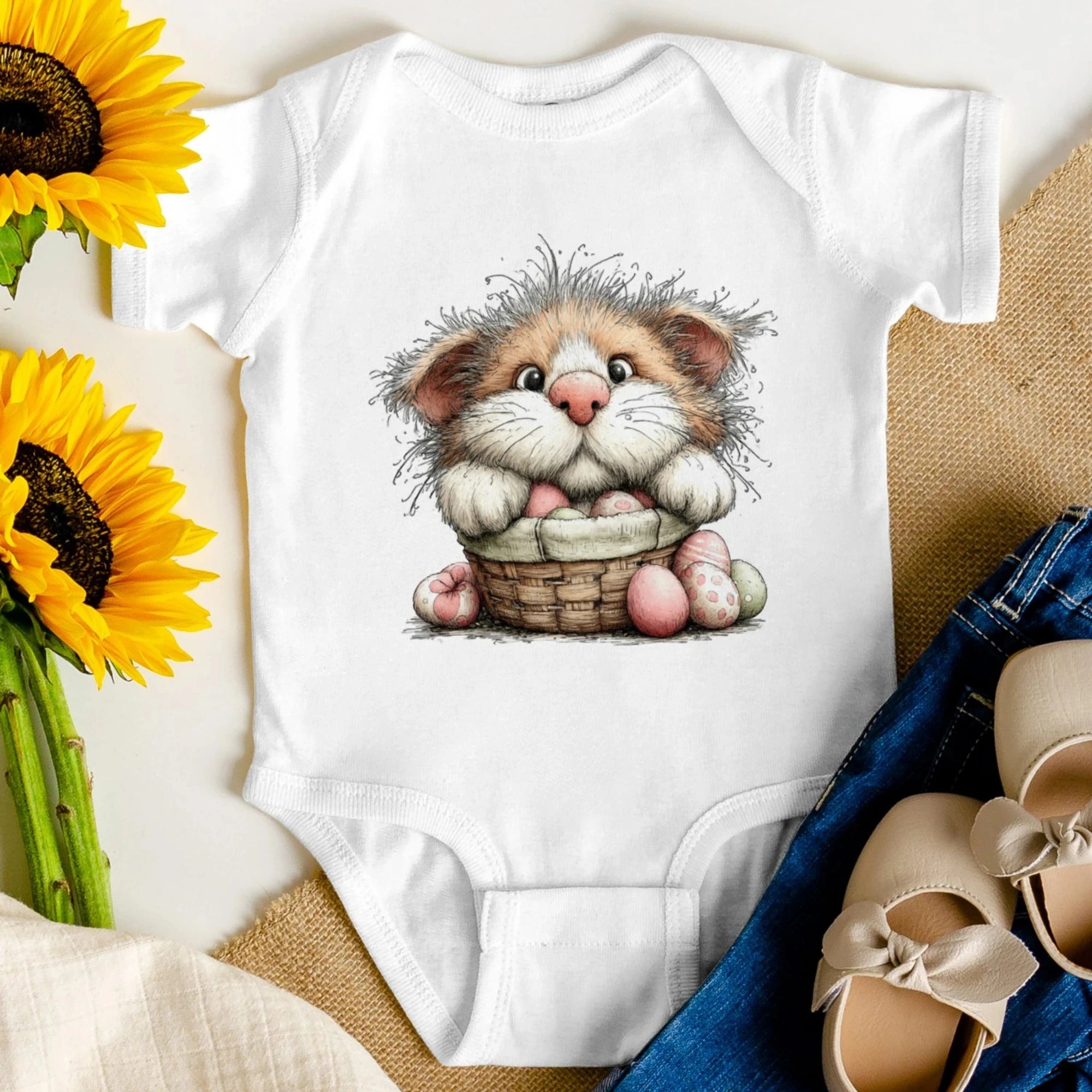 Paskalya Kedileri Tasarımlı Bebek Zıbını, Baskılı Çıtçıtlı Tulum