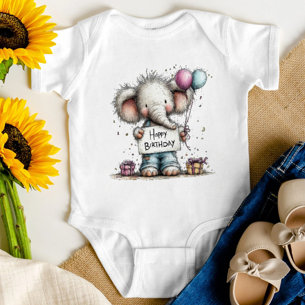 Doğum Günü Temalı Fil Baskılı Kişiselleştirilebilir Bebek Tulumu