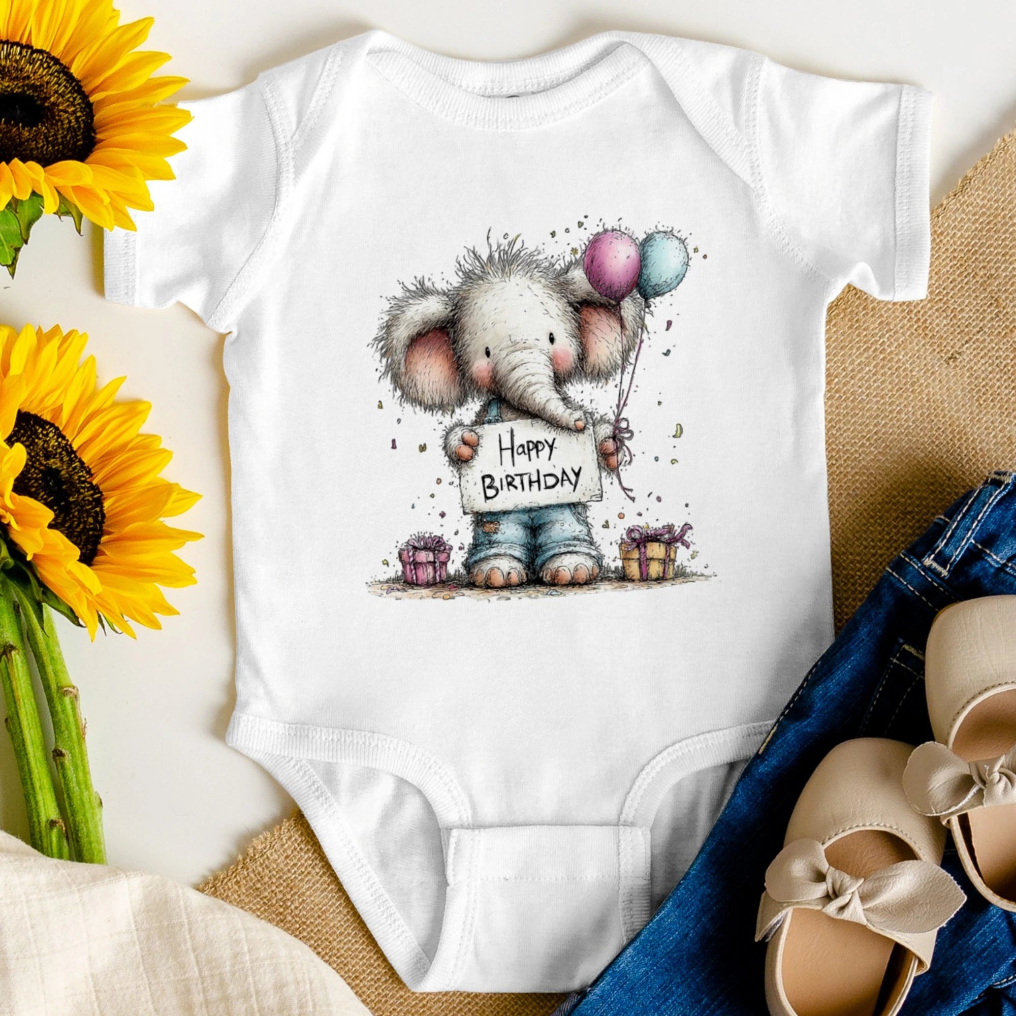 Doğum Günü Temalı Fil Bebek Zıbını, Baskılı Çıtçıtlı Tulum