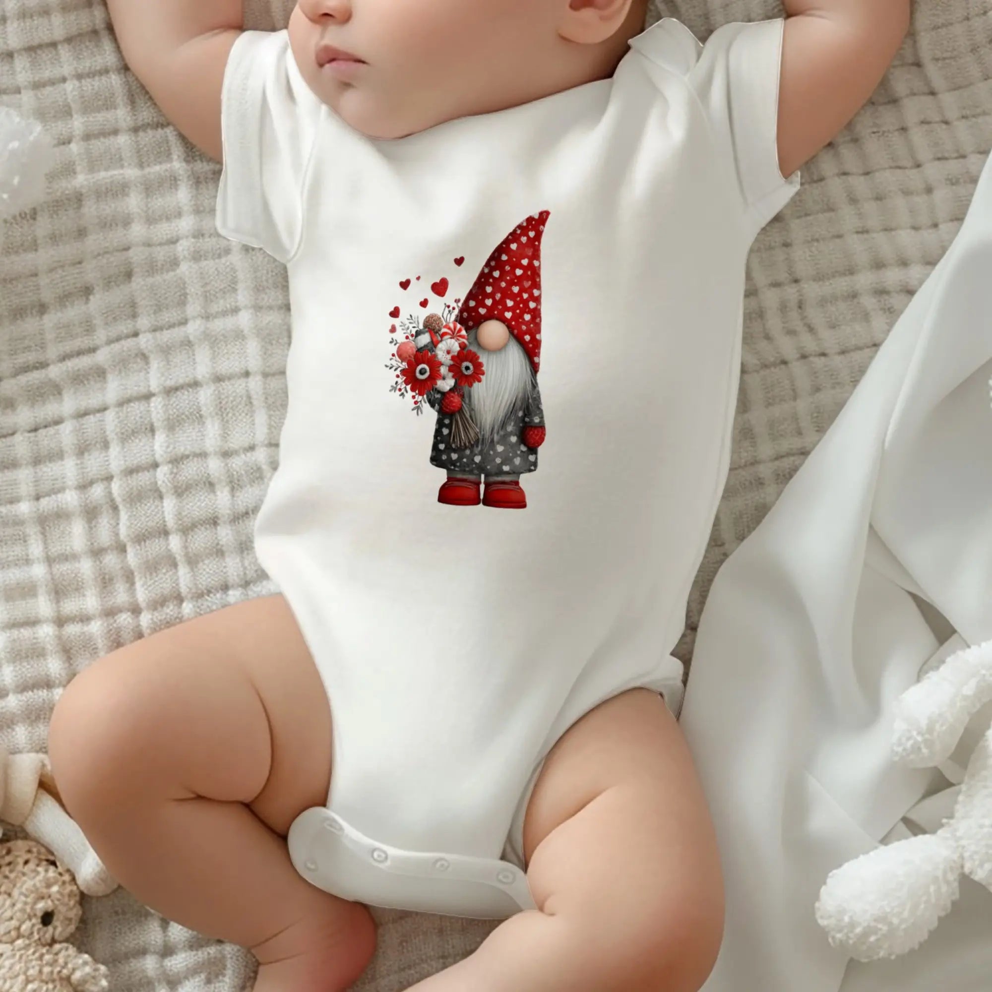 Sevgililer Günü Tasarımlı Mini Gnome Bebek Zıbını, Baskılı Çıtçıtlı Tulum