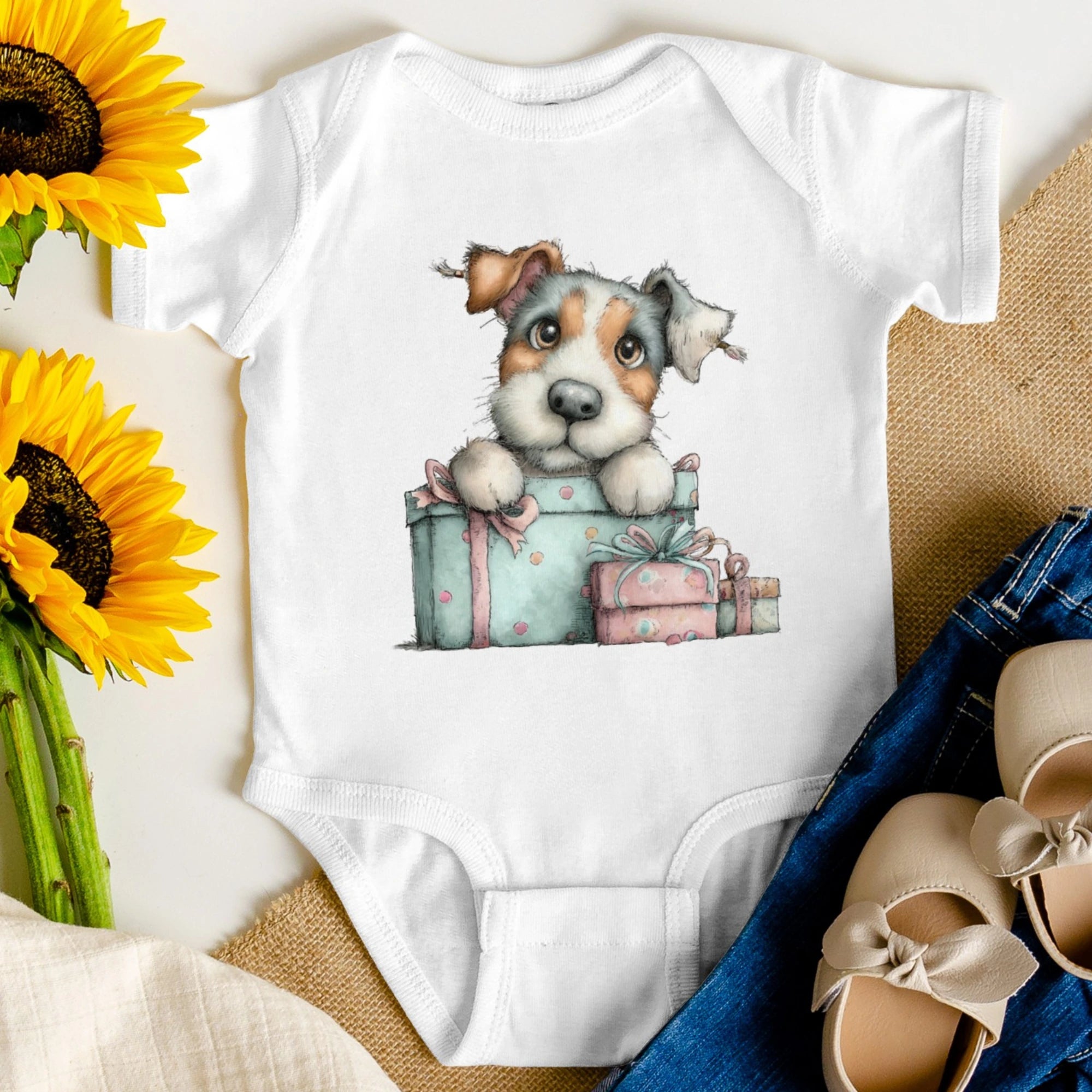 Doğum Günü Temalı Sevimli Köpekler, Bebek Zıbını, Baskılı Çıtçıtlı Tulum