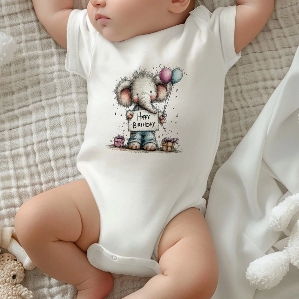 Doğum Günü Temalı Fil Baskılı Kişiselleştirilebilir Bebek Tulumu