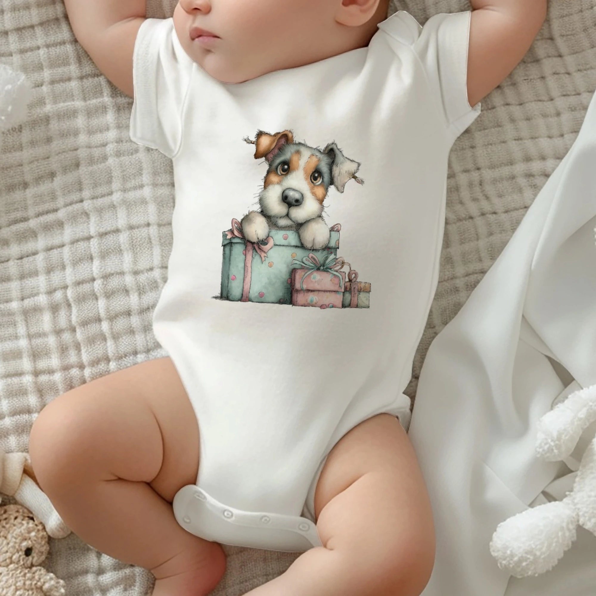 Doğum Günü Temalı Sevimli Köpekler, Bebek Zıbını, Baskılı Çıtçıtlı Tulum