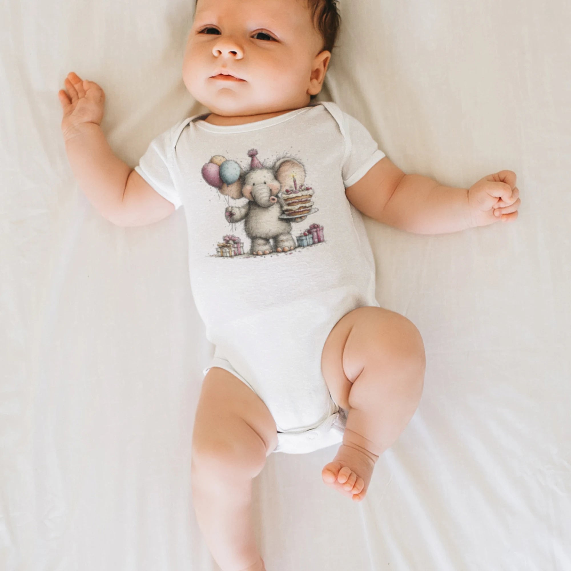 Doğum Günü Temalı Fil Bebek Zıbını, Baskılı Çıtçıtlı Tulum