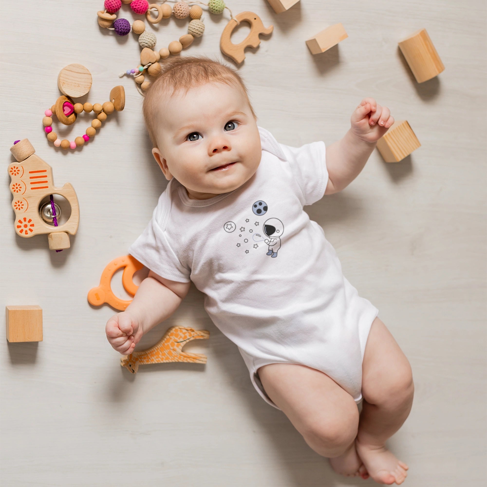 Astronot Tasarımlı Bebek Zıbını - Çıtçıtlı Baskılı Tulum