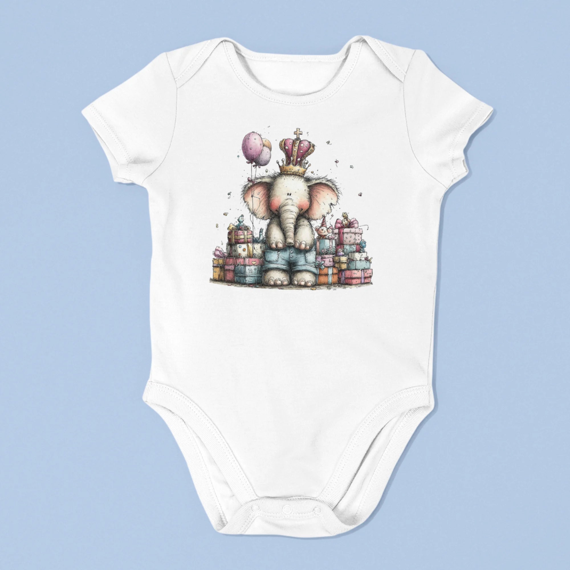 Doğum Günü Temalı Fil Baskılı Kişiselleştirilebilir Bebek Tulumu