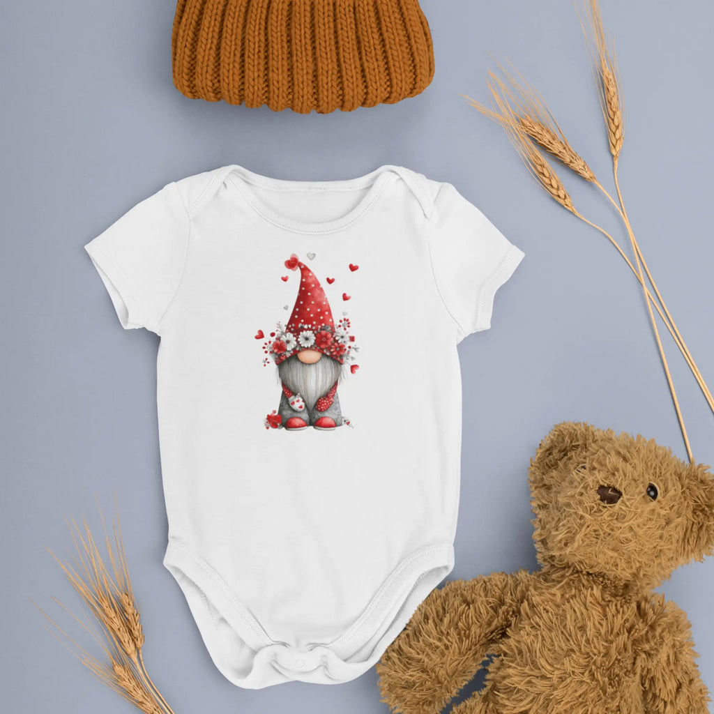 Sevgililer Günü Tasarımlı Mini Gnome Bebek Zıbını, Baskılı Çıtçıtlı Tulum