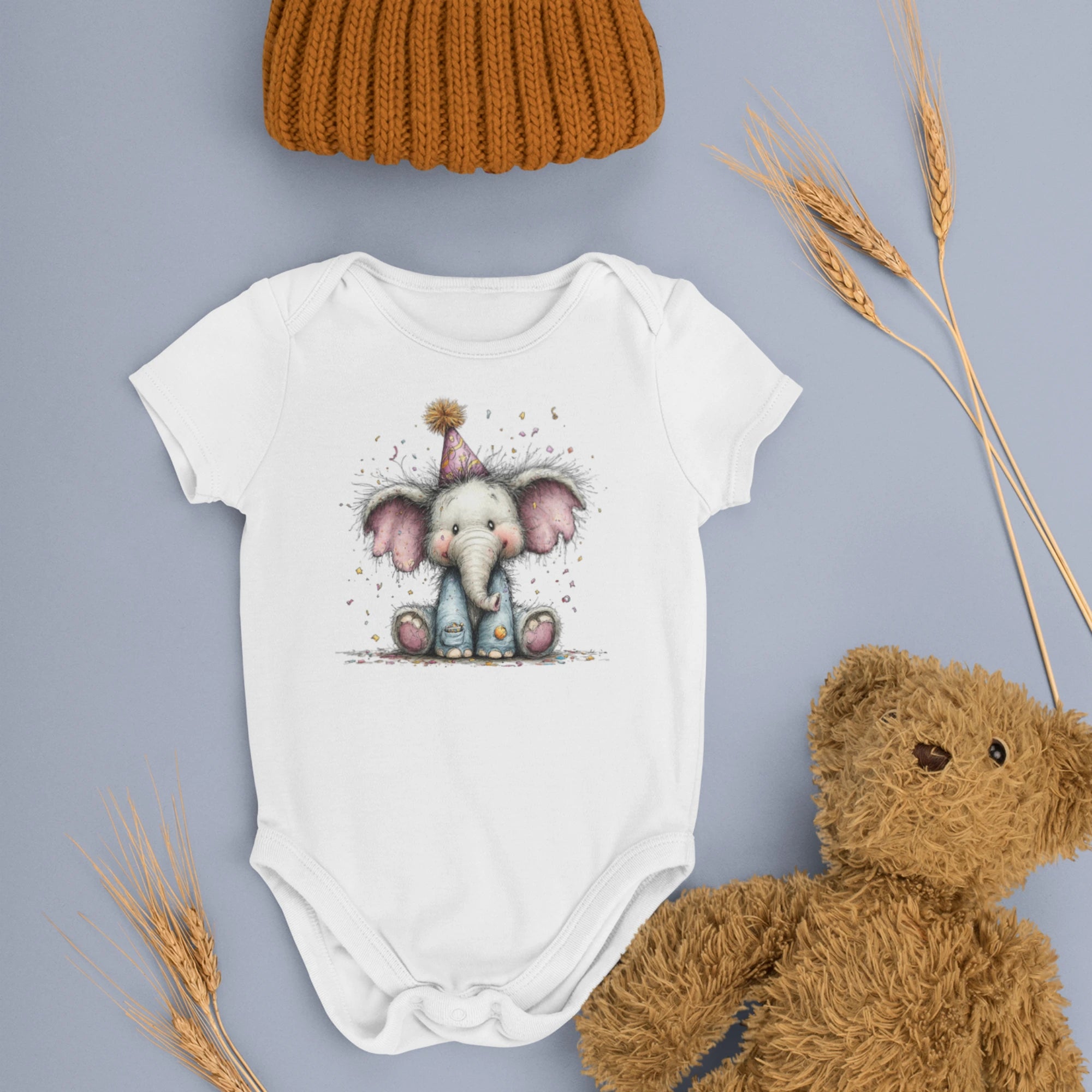 Doğum Günü Temalı Fil Baskılı Kişiselleştirilebilir Bebek Tulumu