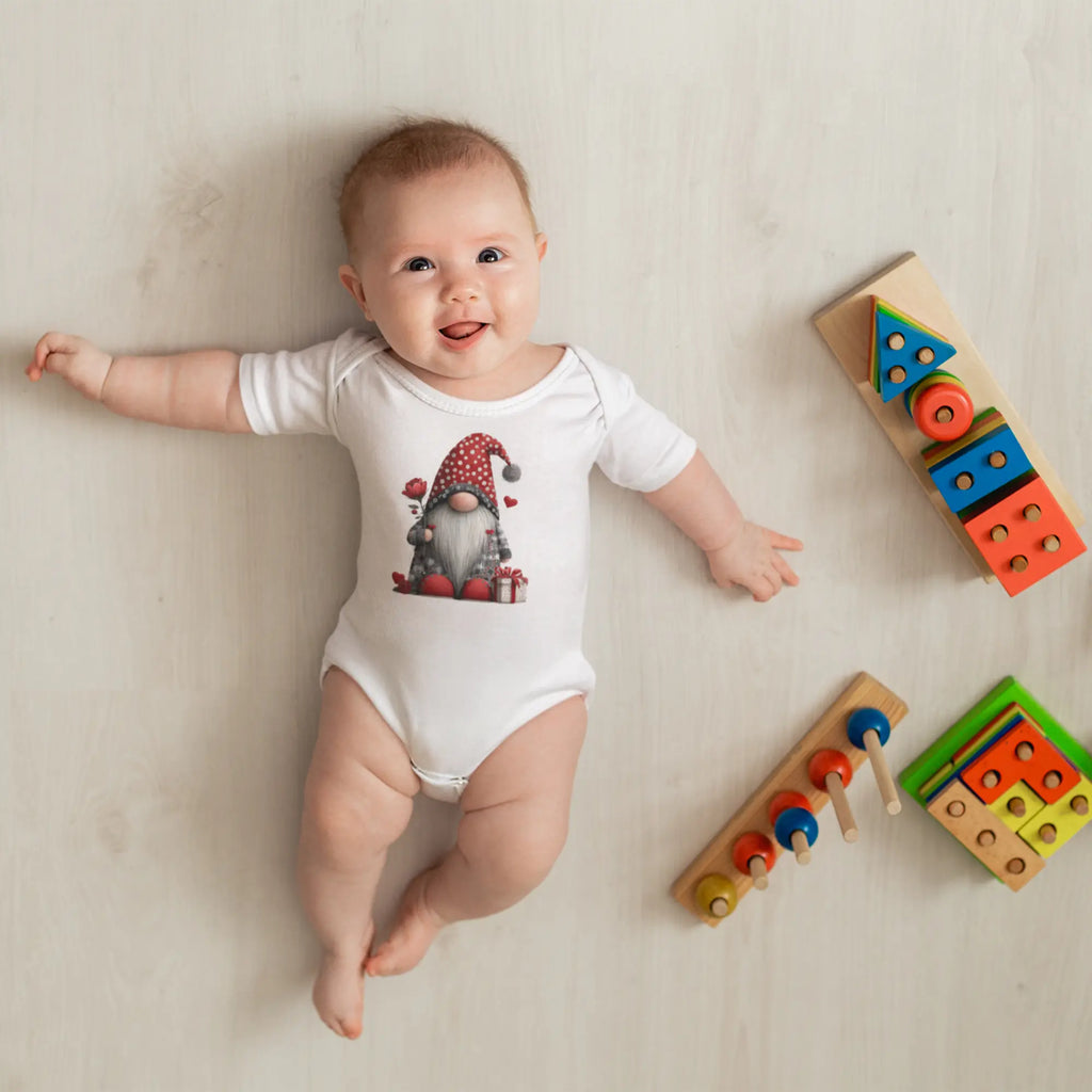 Sevgililer Günü Tasarımlı Mini Gnome Bebek Zıbını, Baskılı Çıtçıtlı Tulum