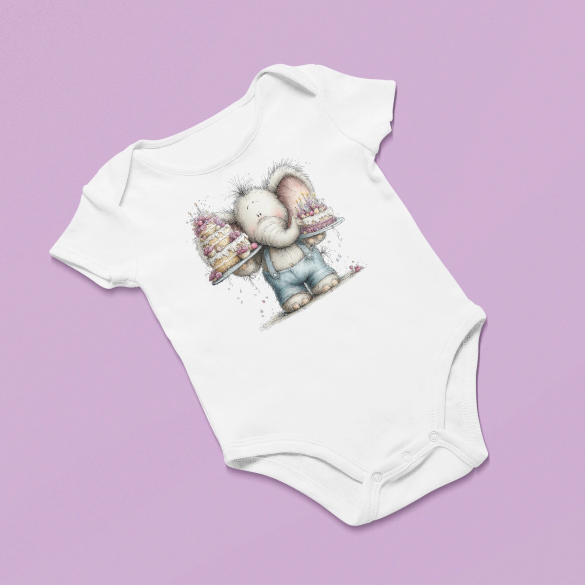 Doğum Günü Temalı Fil Baskılı Kişiselleştirilebilir Bebek Tulumu